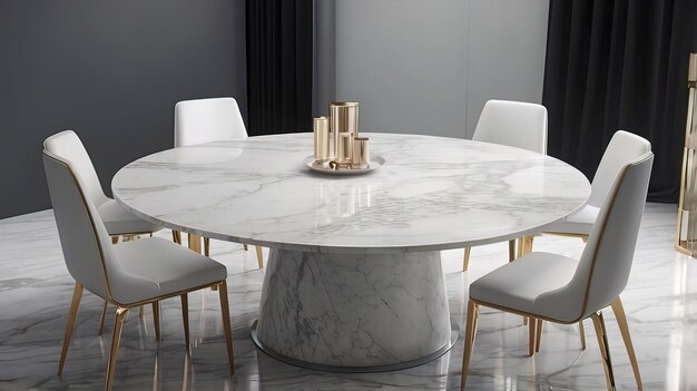 Round table with white marble top with chairs around table