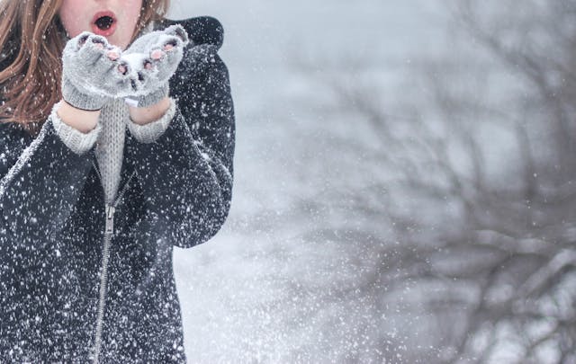 A Woman Blowing Snowflakes on a Winter Day A Woman Blowing Snowflakes on a Winter Day