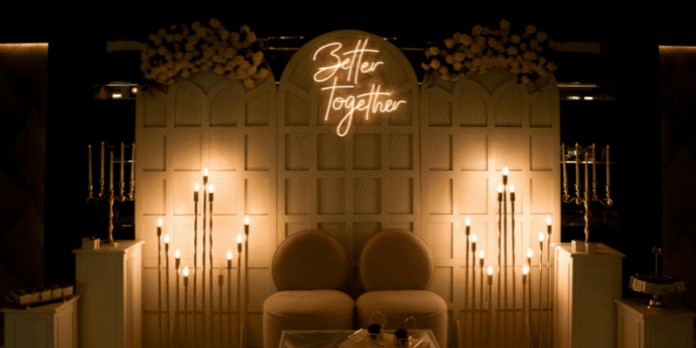 Romantic Wedding Lounge Setup with 'Better Together' Neon Sign