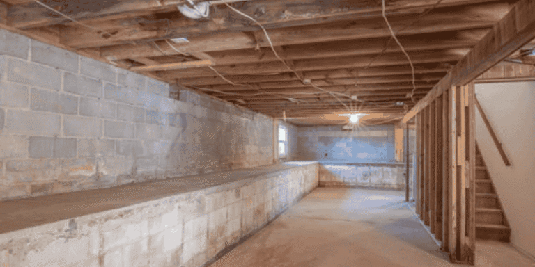 Unfinished Basement with Exposed Beams and Concrete Block Walls