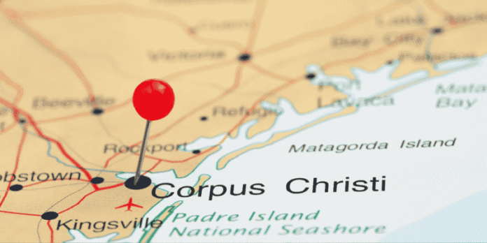 Corpus Christi Location Marked on Texas Map A map showing Corpus Christi, Texas, marked with a red push pin.