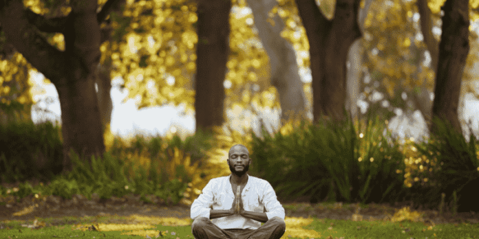 A man sits cross legged on green grass in a serene park, meditating with eyes closed and hands in a prayer position, surrounded by tall trees and soft sunlight, practicing Mindfulness Practices.