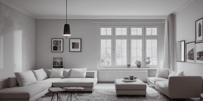 Spacious white living room with large windows, soft furnishings, and natural light creating a calm and breathable indoor environment.