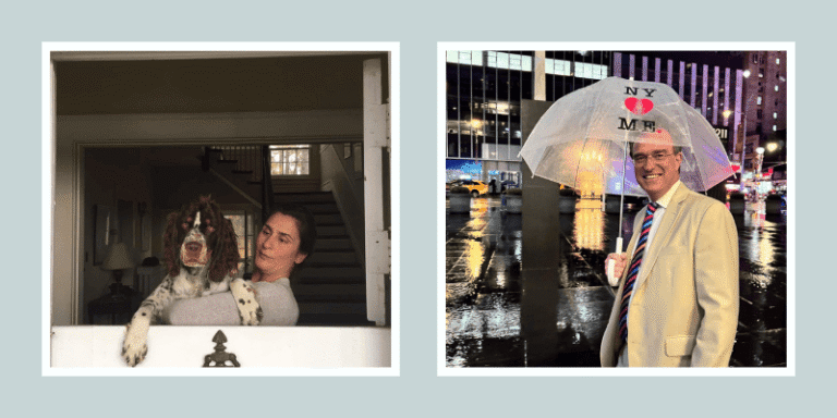 Photo album showing Stephanie Hurt holding a dog by a window on the left, and Charles Hurt standing in New York with an umbrella at night on the right.