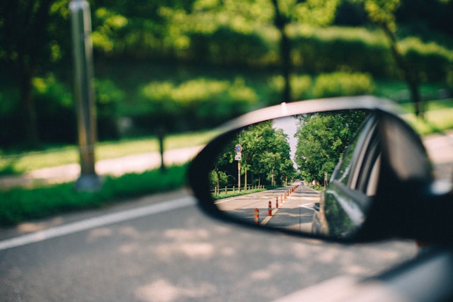 A vibrant green, sunny park road is visible in the reflection of a vehicle's side mirror.
