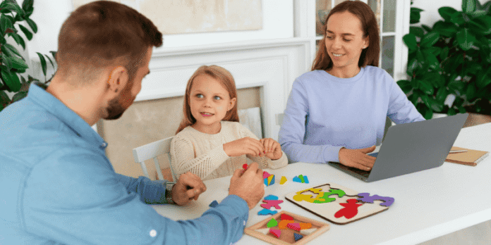 Parents engaging in a learning activity with their child at home