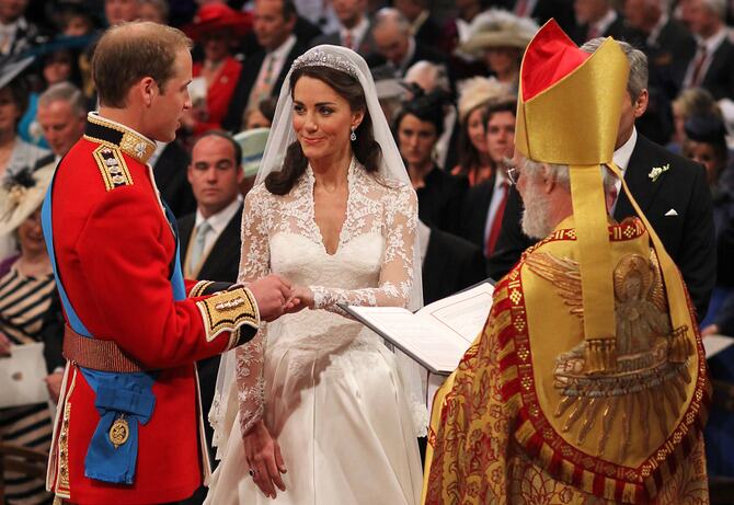 A British royal couple exchanging rings during a traditional Crown family wedding ceremony.