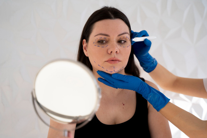 Woman Receiving Preoperative Facial Markings During Cosmetic Consultation Woman looking into a mirror while a medical professional wearing blue gloves draws facial markings on her face before a cosmetic procedure.