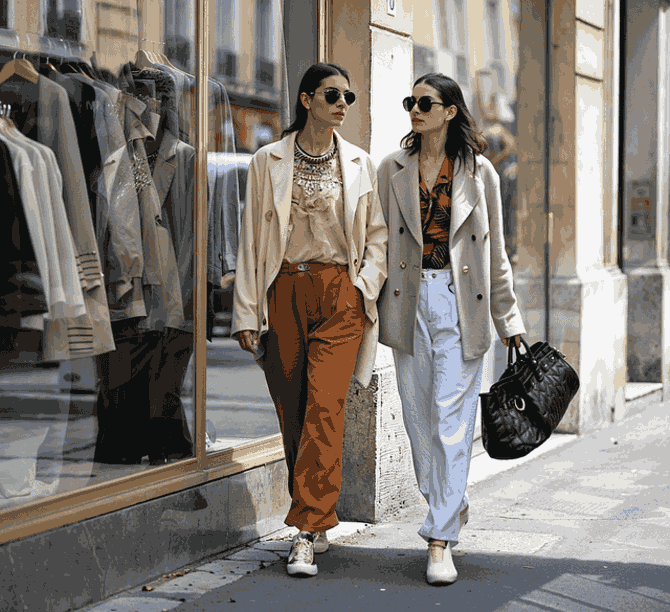 Women’s Street Style in Neutral Blazers Trendy Yet Timeless Fashion Two stylish women walking past a boutique wearing neutral blazers, wide-leg trousers, and sunglasses in a modern street style look.