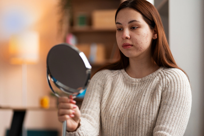 Young Woman Examining Acne in Mirror at Home Young woman holding a hand mirror and looking at her face with visible acne while sitting indoors.