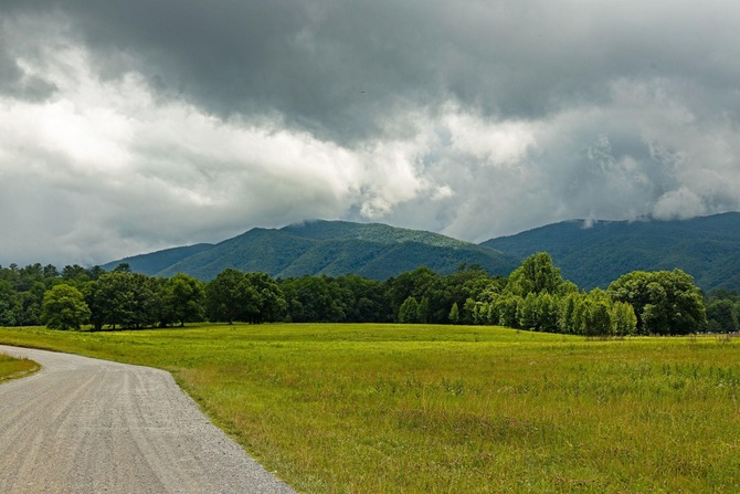Scenic Mountain Meadow with Gravel Road Under Cloudy Sky Scenic Mountain Meadow with Gravel Road Under Cloudy Sky