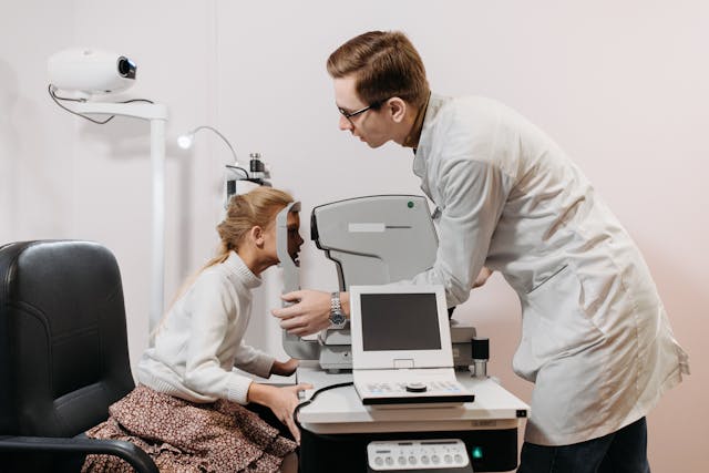 Ophthalmologist Checking Child’s Eyes with Vision Test Equipment Ophthalmologist Checking Child’s Eyes with Vision Test Equipment