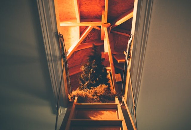 Pull down ladder leading to a small attic space inside a home, showing wooden beams and storage area in the attic. Hidden Attic Space with Pull Down Ladder in a Home