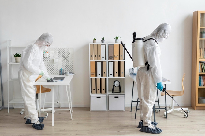 Professional pest control workers disinfecting and treating an indoor space while wearing protective suits, highlighting the importance of reliable home pest management services.