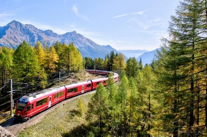 Red Train Vacation Tour Through Scenic Mountain Forest Landscape Red passenger train traveling through a scenic mountain forest landscape with tall trees and rocky peaks during a relaxing train vacation tour.